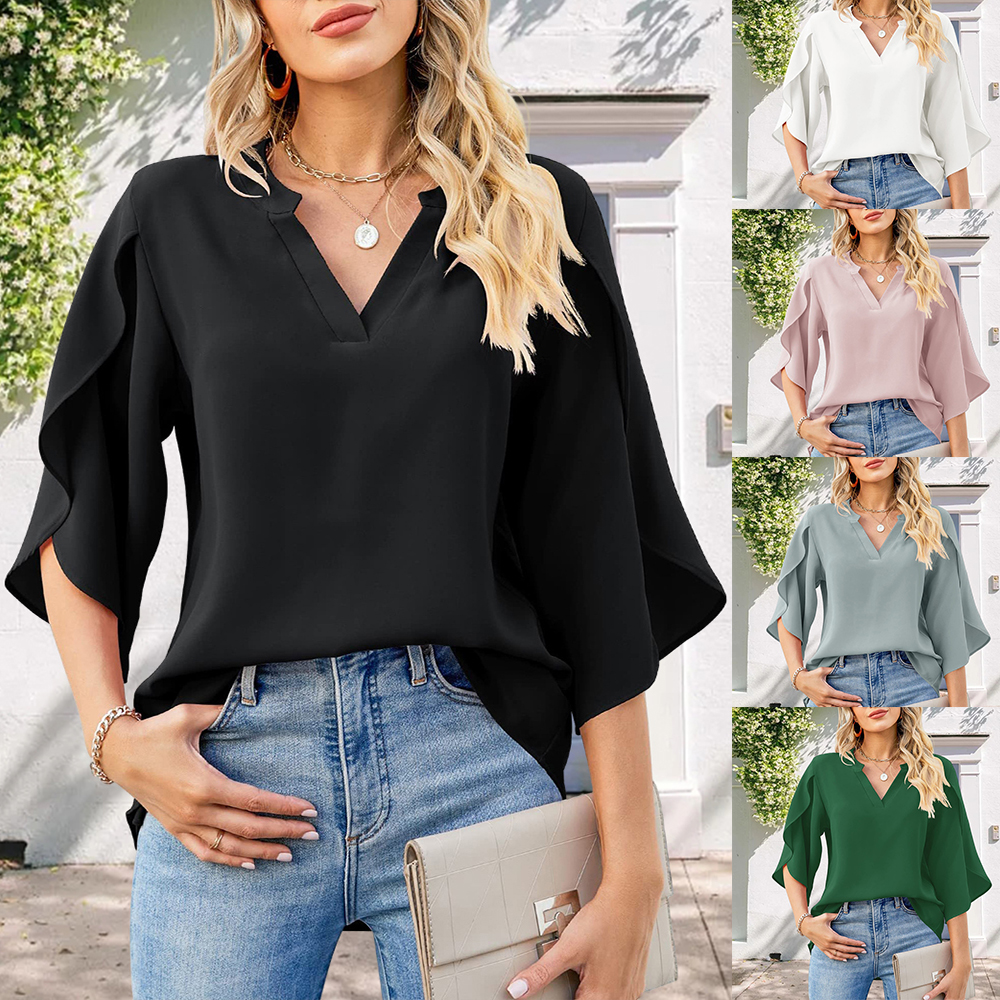 Lodowylabedz Luźna szyfonowa koszula z dekoltem w kształcie litery V z płatkami rękawów