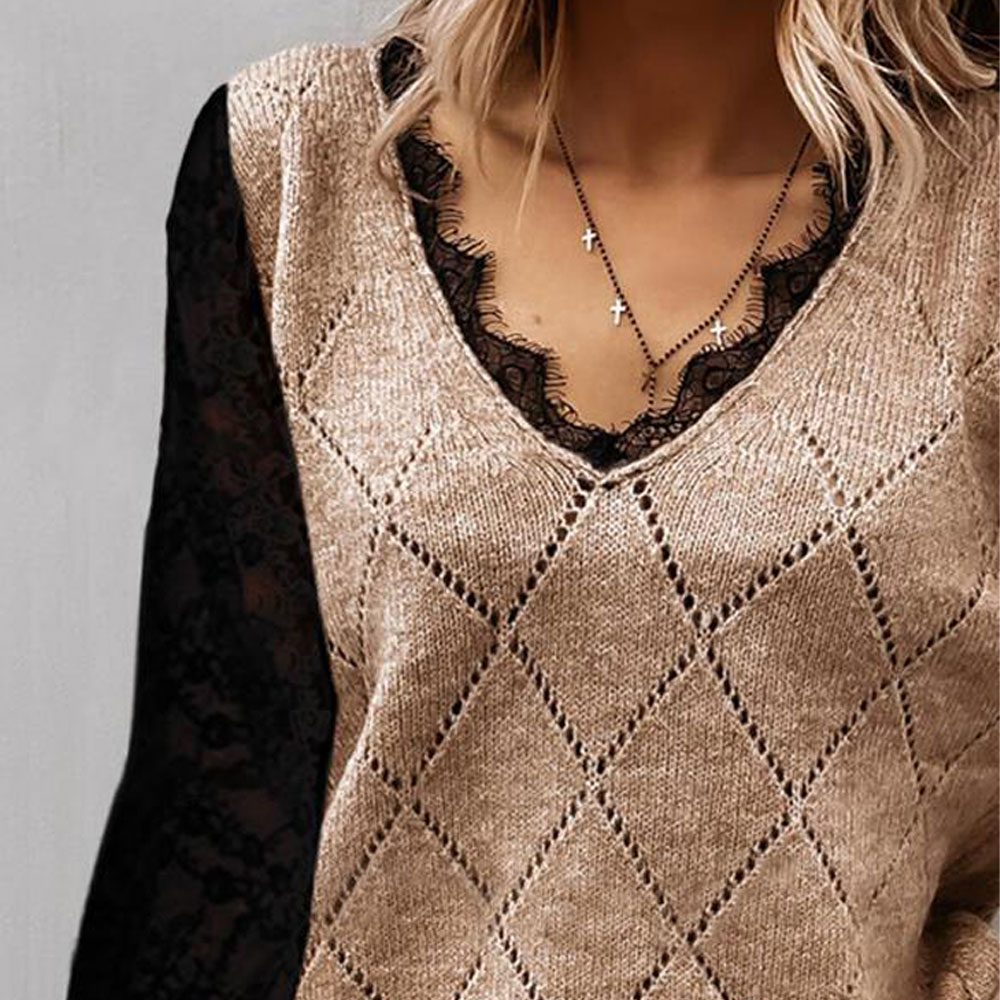 Seksowny sweter z dzianiny koronkowej z dekoltem w szpic i diamentami