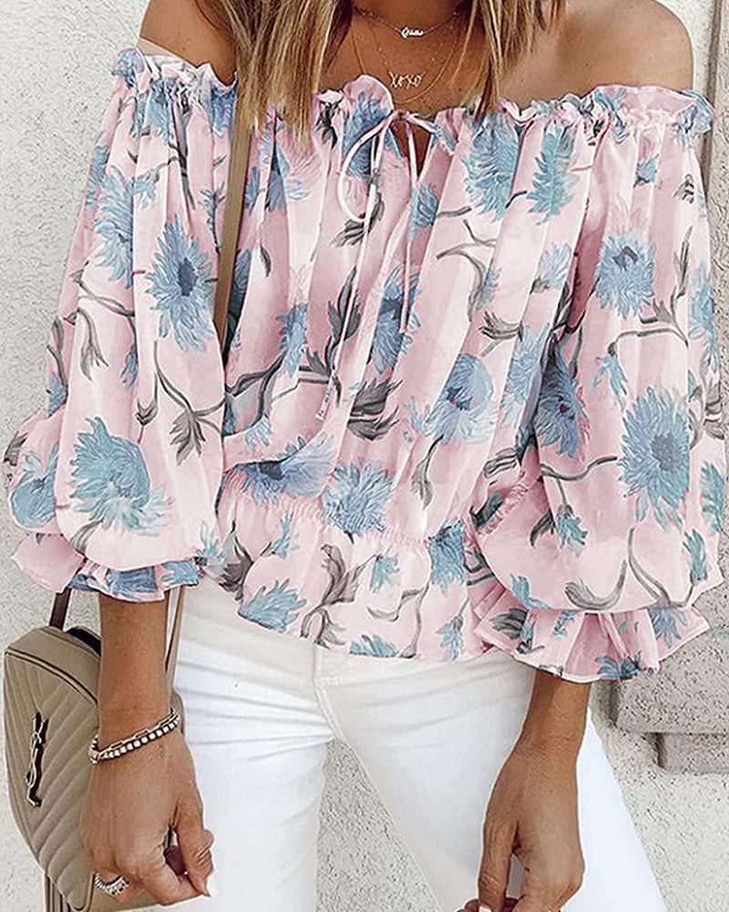 Top z odkrytymi ramionami w kwiatowy wzór