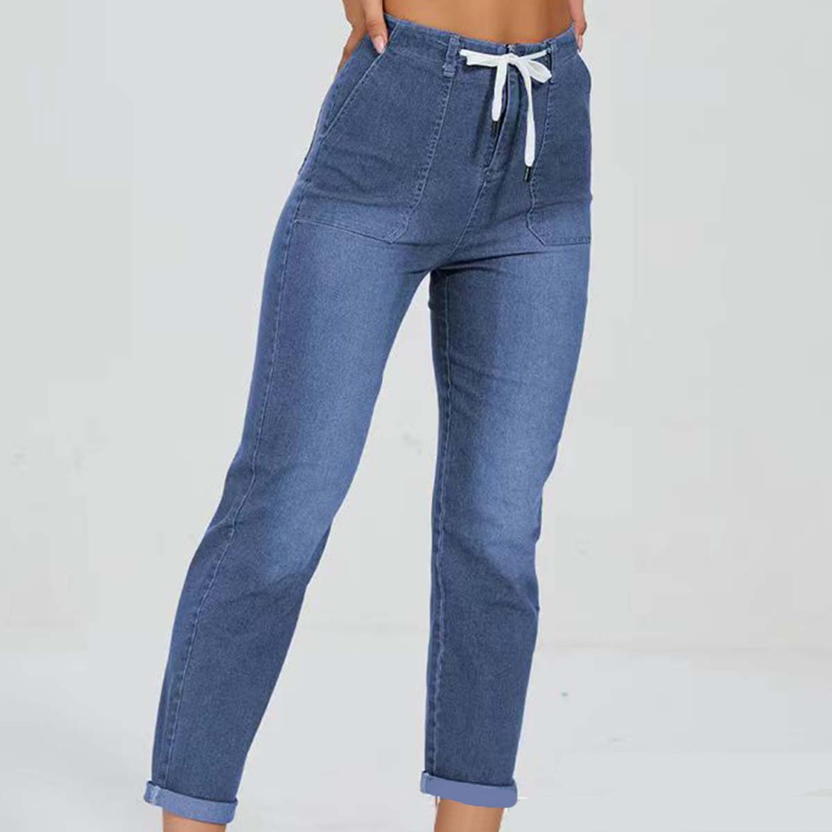 Lodowylabedz Wąskie spodnie jeansowe damskie ze sznurkiem i elastyczną talią