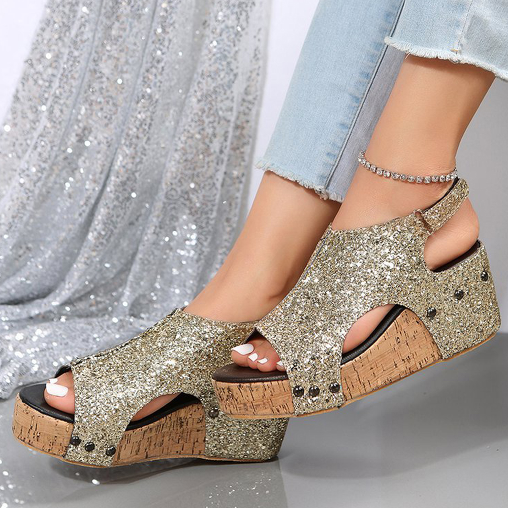 Lodowylabedz Summer Fashion błyszczące sandały na koturnie Fishmouth