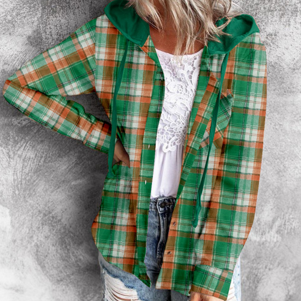 Lodowylabedz Jesienna nowa damska kurtka z kapturem i koszulą w kratę