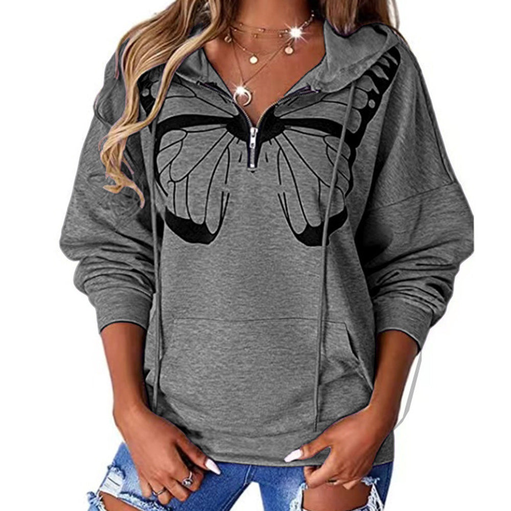 Jesienny, luźny sweter z kapturem z nadrukiem motyla