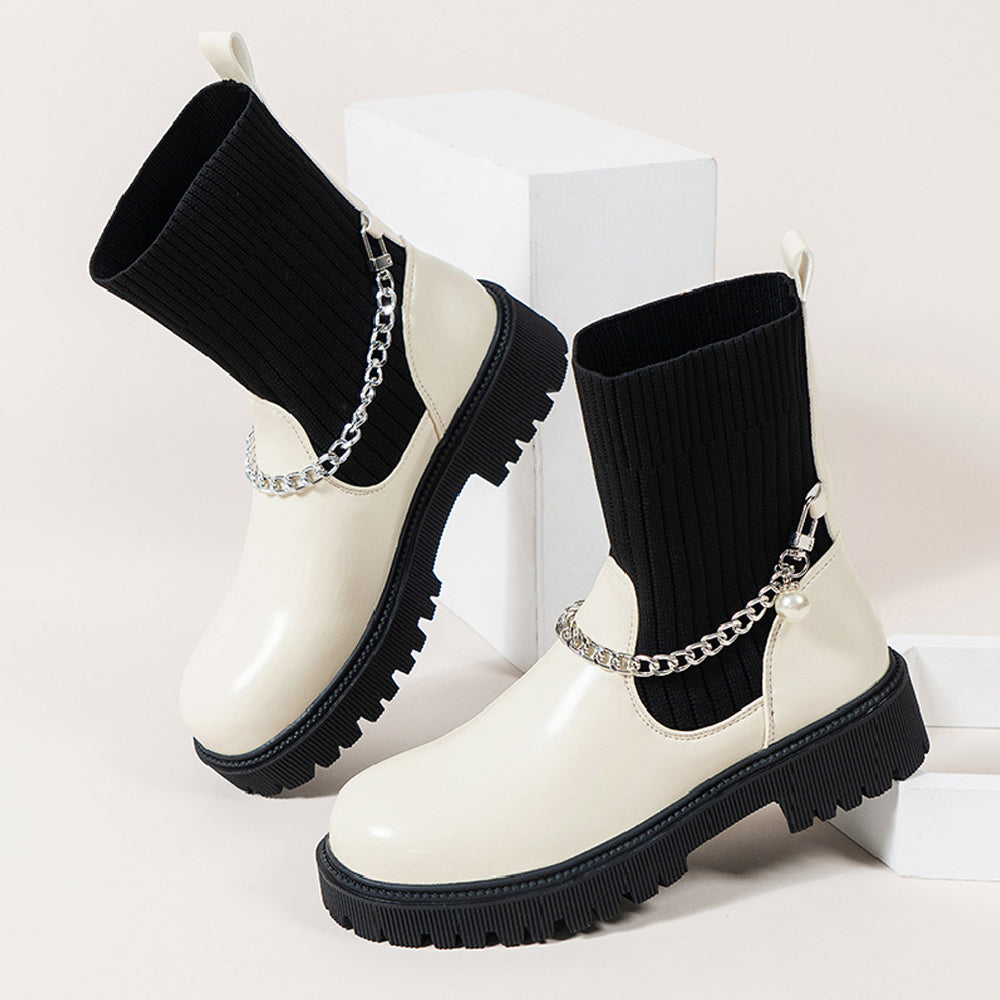Damskie dzianinowe botki z łańcuszkiem na średnim obcasie jesień i zima nowość