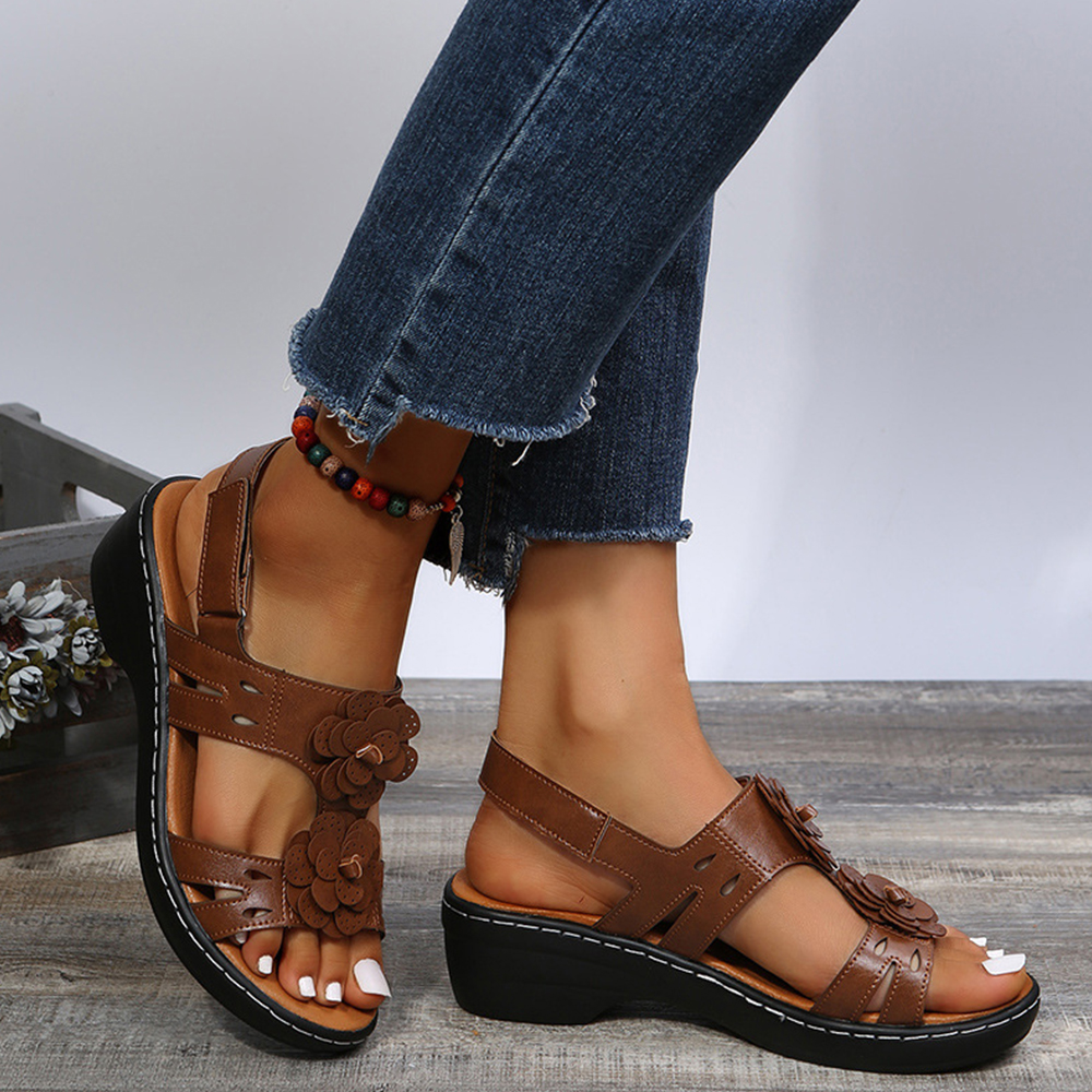 Lodowylabedz Okrągłe Toe Kwiatowe Open Toe Vintage Rzymskie Sandały Na Koturnie Dla Kobiet