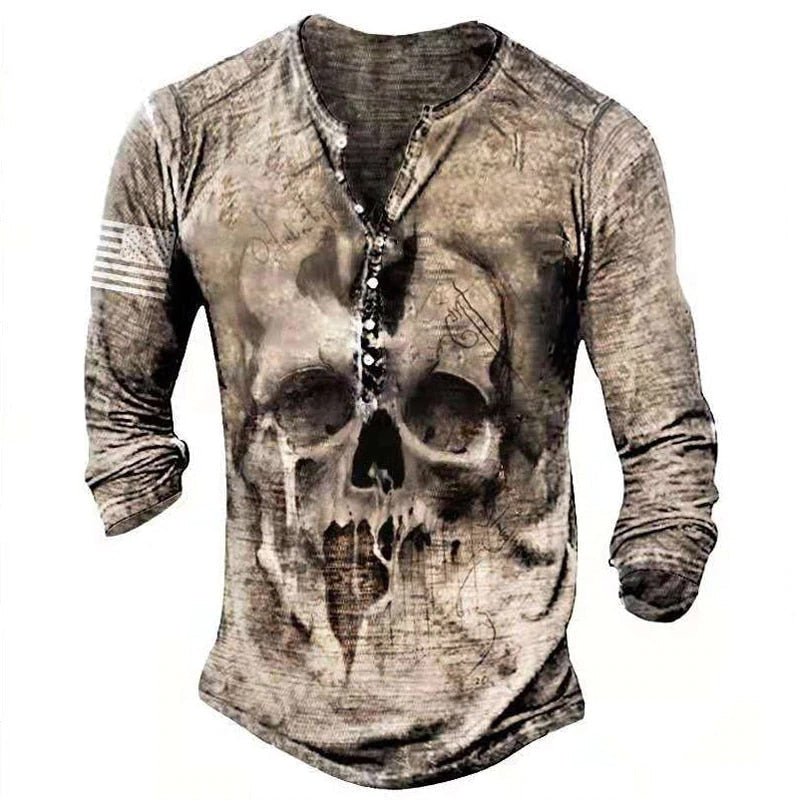 Men's Skull Retro Print Casual Top Plus Size Long Sleeve Tee Shirt
