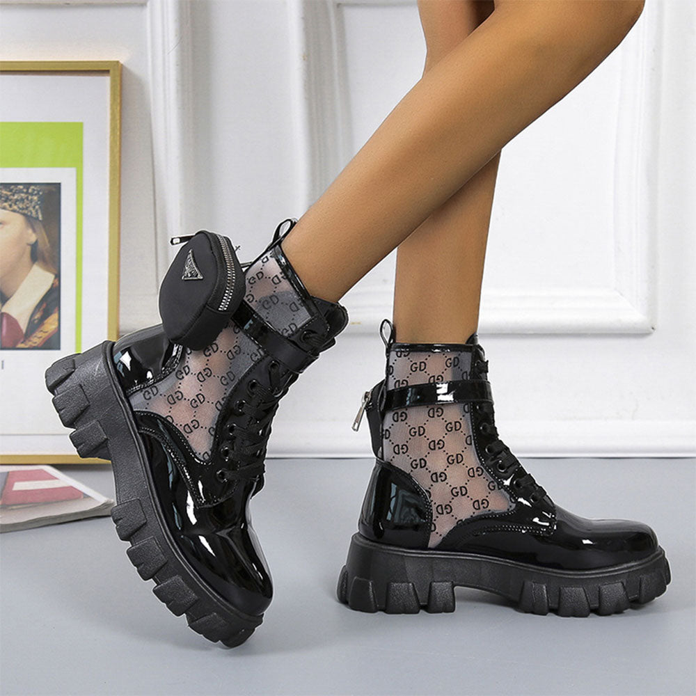Glückbox™ Atmungsaktive Damen-Stiefel aus Mesh mit dicker Sohle und mittlerem Absatz, einfarbig, lässige Martin-Stiefel