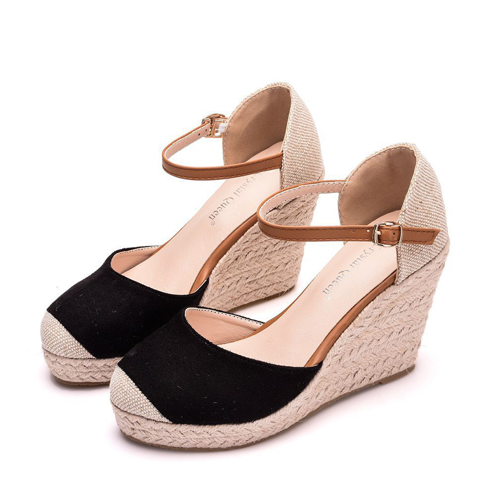 Glückbox™ 9 cm Keilabsatz geschlossene Zehen Hanfseil geflochtene Sohle Sandalen