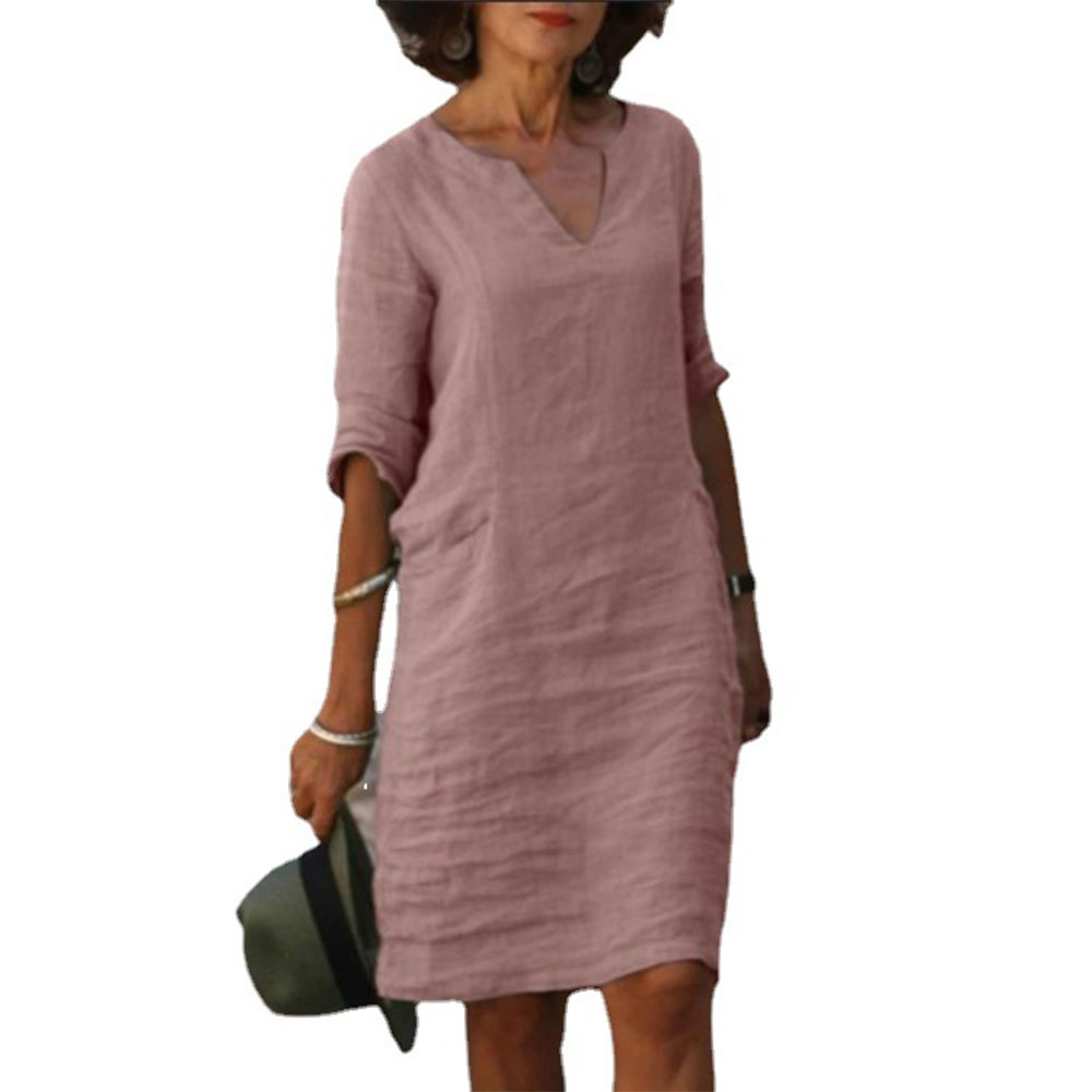 Hibote Sommerneues, mittelärmeliges Kleid aus Baumwolle und Leinen mit V-Ausschnitt