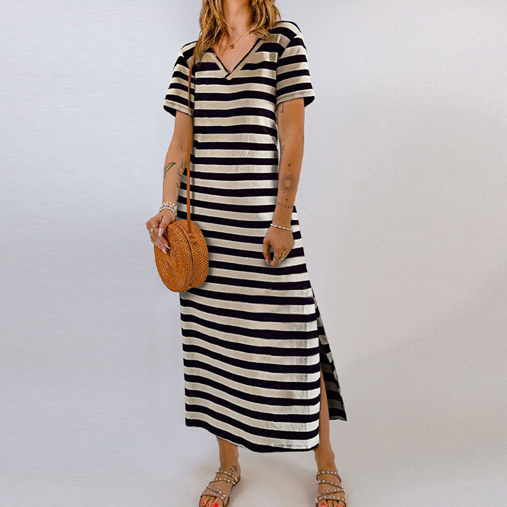 Hibote Summer new women's V-neck short-sleeved slit striped dress