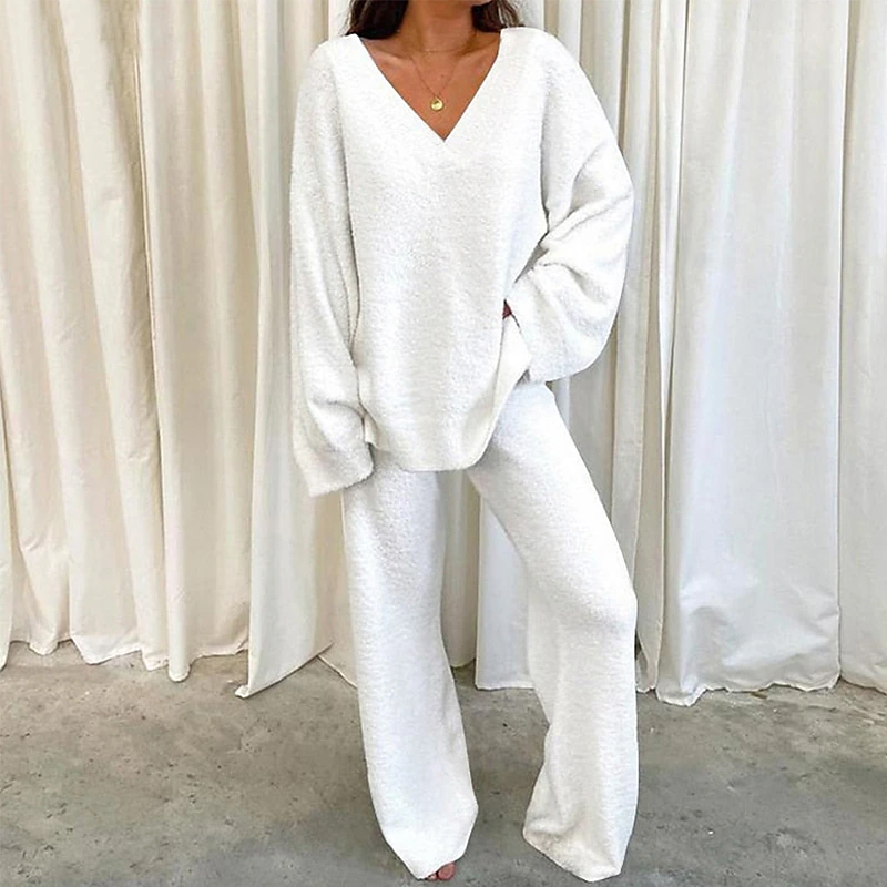 Jagute™️ Damen-Freizeitanzug aus einfarbigem Fleece mit V-Ausschnitt (Oberteil + Hose)