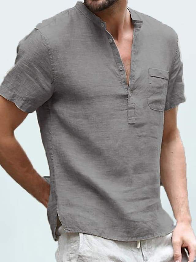 Jagute™ 2022 Herren Baumwolle und Leinen Henley Kurzarm Hippie Casual Beach T-Shirt