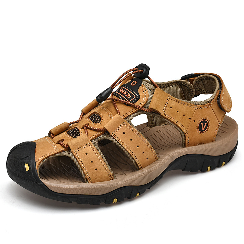 🔥Summer Men Outdoor Sandals Beach Shoes Velcro Toe Cap Sandals Leather Breathable Casual Shoes🔥M072