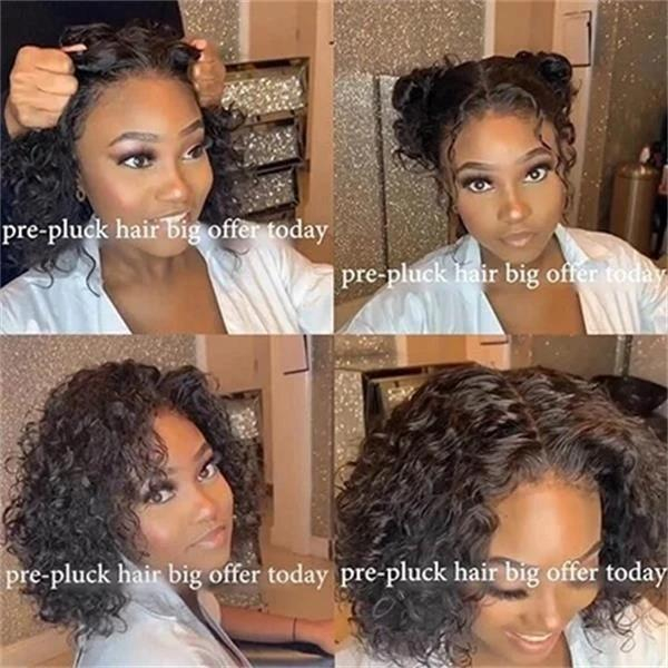 Glueless Wig With Elastic Belt| 🔥HOT Brazilian Hair Water Wave Lace Wigs Short  Black Bob Lady Wigs