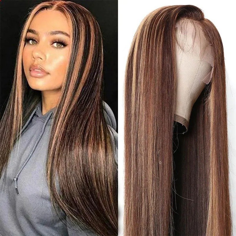 2022|Brown Wig With Baby Hair Blonde Highlight Straight Lace Front Wigs For Black Women 150% Density