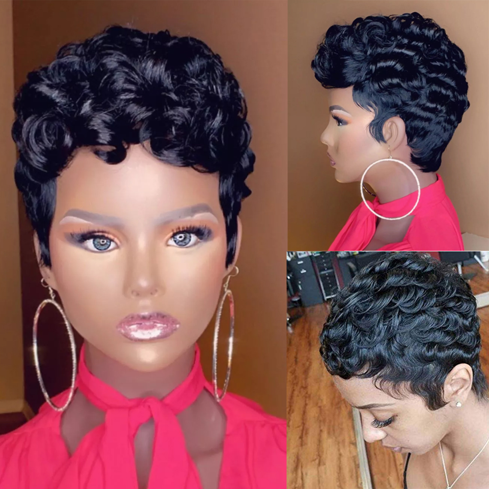 Glueless Wig With Elastic Belt|🔥Brazilian Remy Human Hair Wigs Short Curly Pixie Cut Bob Wigs 