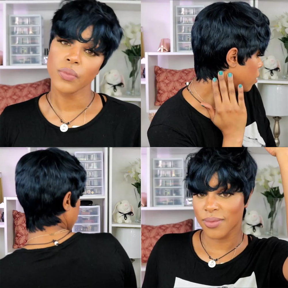 🔥Hot| Deep Blue Bob Boycut Short Hair Glueless Lace Front Pixie Cut Wigs with Bangs