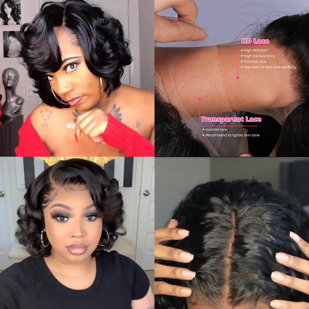 Glueless Wig With Elastic Belt|🔥Short Bob HD Lace Front Wig Bangs Natural Wave Curly Wigs