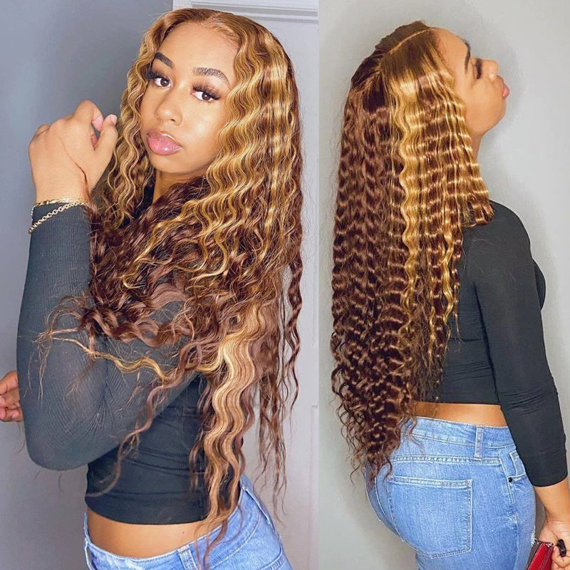 Glueless Wig With Elastic Belt | (🔥2022) Curly  Wig Honey Blonde Ombre  Brazilian Brown Color Deep Water Wave Hd Full Frontal Highlight Bob Lace Front Wigs