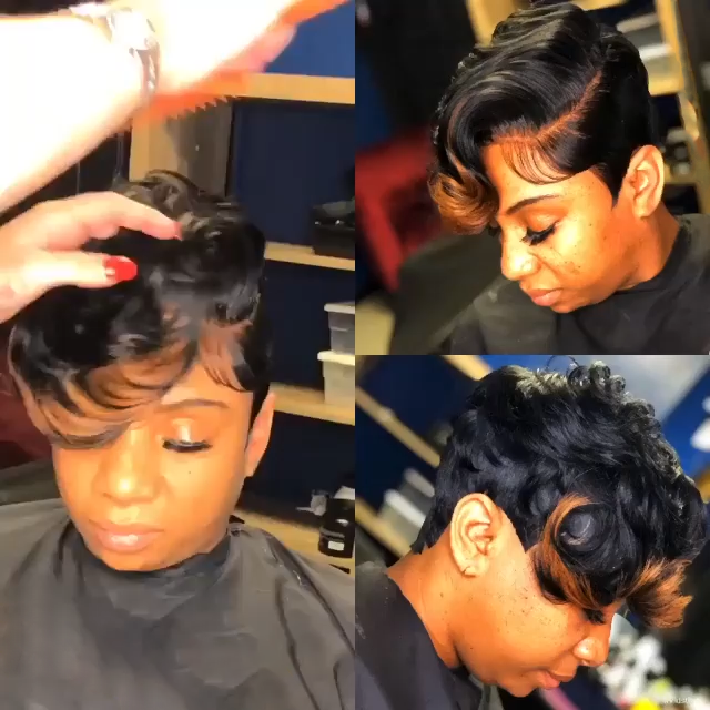 🔥Hot| Glueless Lace Frontal🔥Black Mix Gold Short Wavy Bob Pixie Cut With Bangs