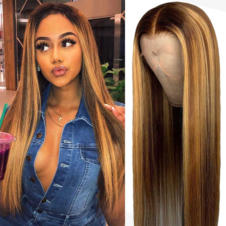 Glueless Wig With Elastic Belt|🔥Brazilian Remy Highlight Pre Plucked Wigs Lace Front Straight Long Wig 