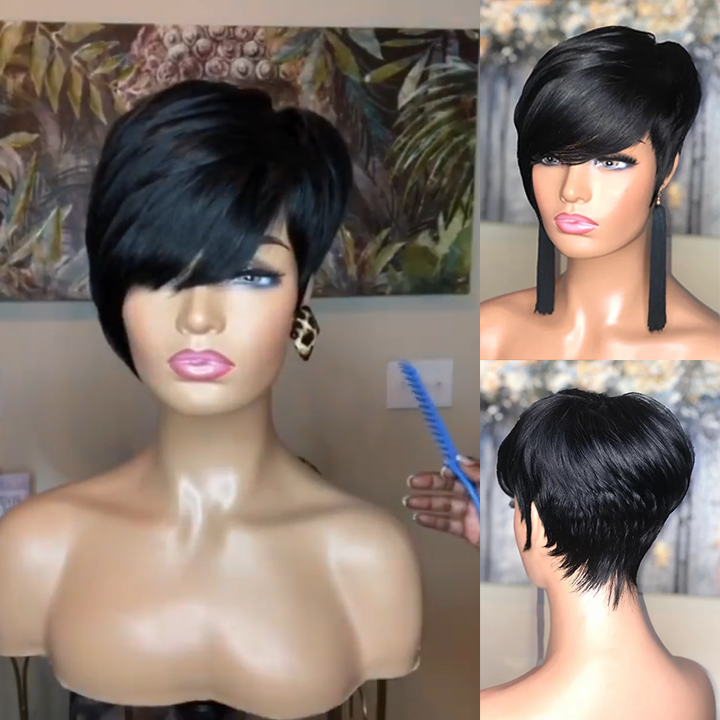 🔥Hot| Glueless Lace Pixie Cut Short Bob Hair Wig with Oblique Bangs Natural Cute Straight Wigs