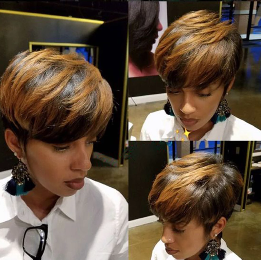 🔥Hot| Highlight Bob wig Pixie Cut Short Remy Human Hair Wig 150% Brazilian Straight Wigs For Black Women