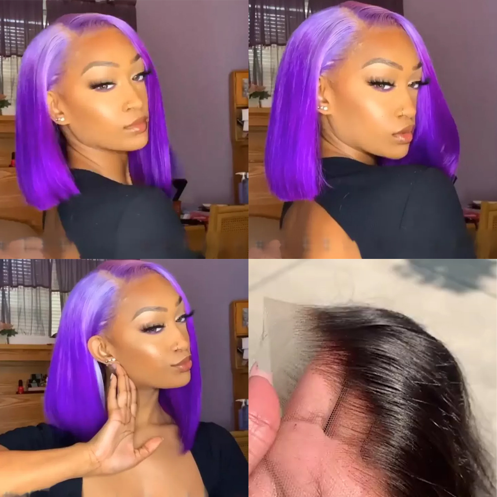 Glueless Wig With Elastic Belt|🔥Hair Tilted Shearing Straight Bob Asymmetrical Purple Full Lace Wigs For Women