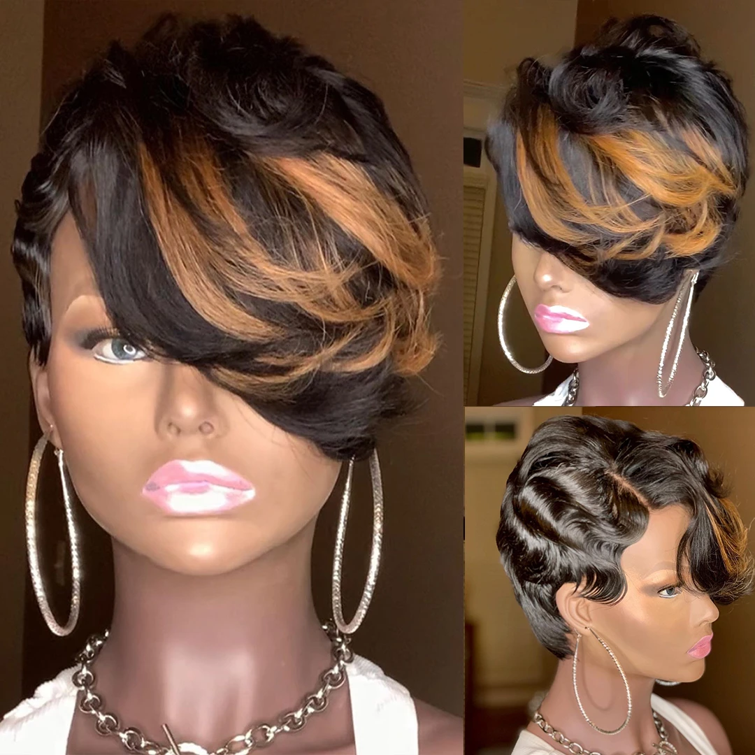 🔥Hot| New Fashion Summer Brown Glueless Mixed Gold Short Waves Human Hair Lace Front Wig