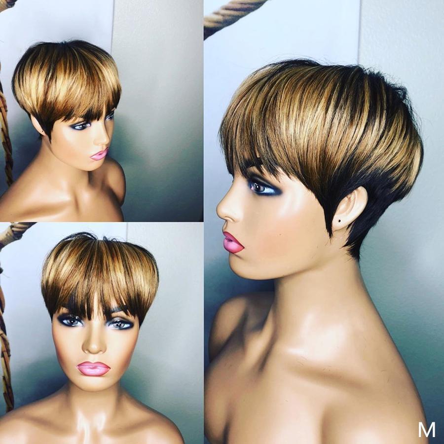 🔥Hot| Hot Sale🔥Glueless Lace Closure Black Mix Gold Short Wave Bob Pixie Cut Wigs With Bangs