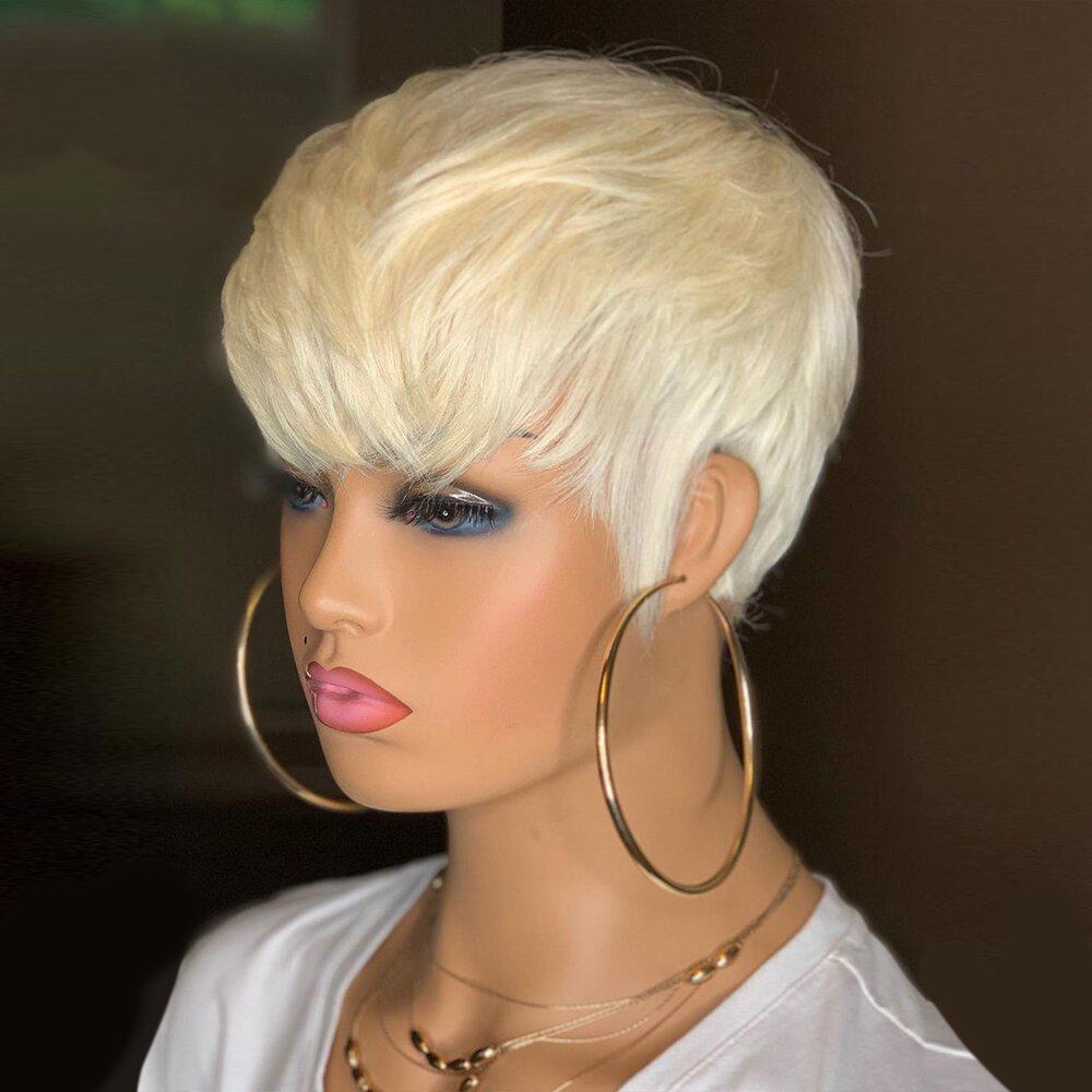 🔥Hot| Glueless Short Wavy Bob Pixie Cut  Lace Front Human Hair Wigs With Bangs For Black Women 