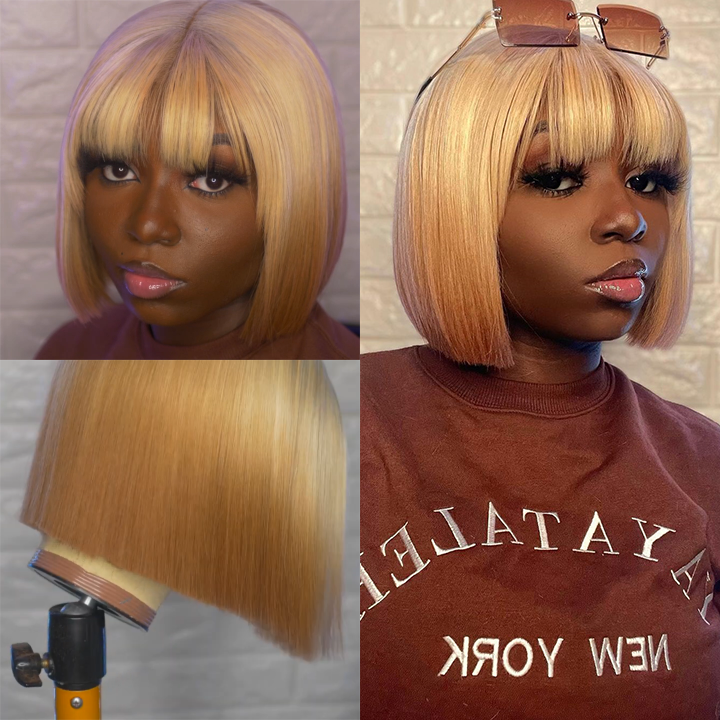 🔥Hot|New Glueless 13*4 Lace Frontal Human Hair Blonde Cute Straight Wig With Bangs