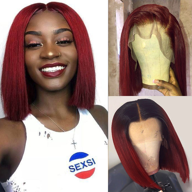 Glueless Wig With Elastic Belt|🔥Straight Short Bob Wigs With Baby Hair Red Human Hair Lace Wigs