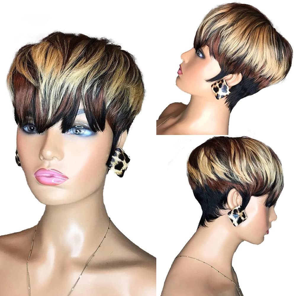 Glueless Wig With Elastic Belt|🔥4*4 Lace Closure Highlight Pixie Cut Wig Bangs Natural Short Haircuts