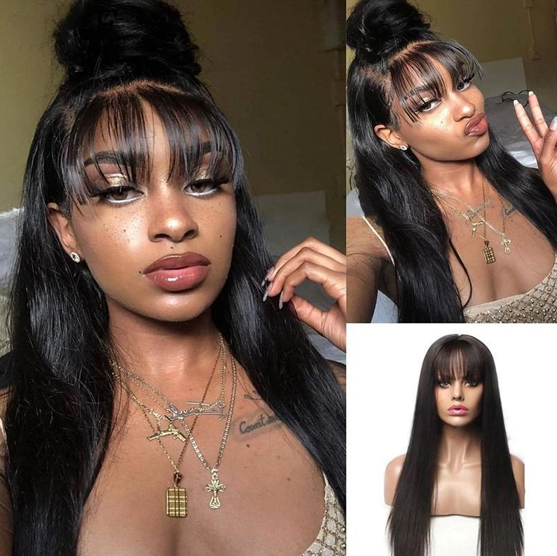 Glueless Wig With Elastic Belt|🔥 360 Lace Frontal Wig Bang Wig Straight Pre Plucked With Baby Hair