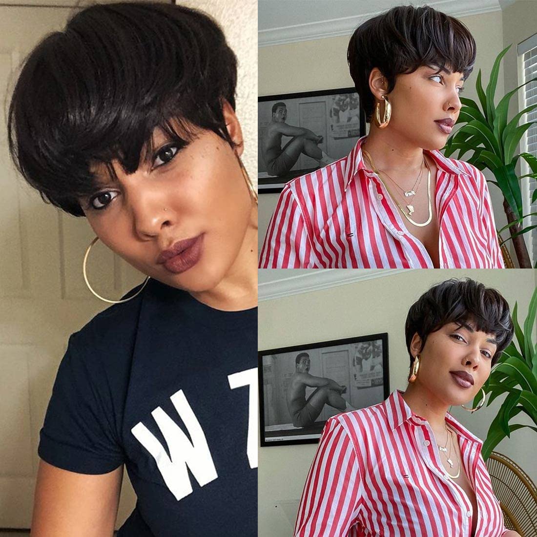 🔥Hot| Glueless Lace Front🔥Short Pixie Cut Wigs with Bangs Natural Straight Hair Wavy Wigs 