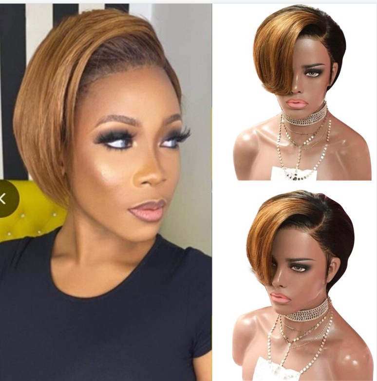 🔥Hot| Ombre Short Bob Pixie Cut Wig Brazilian Lace Front Curly Human Hair Wigs with Oblique Bangs