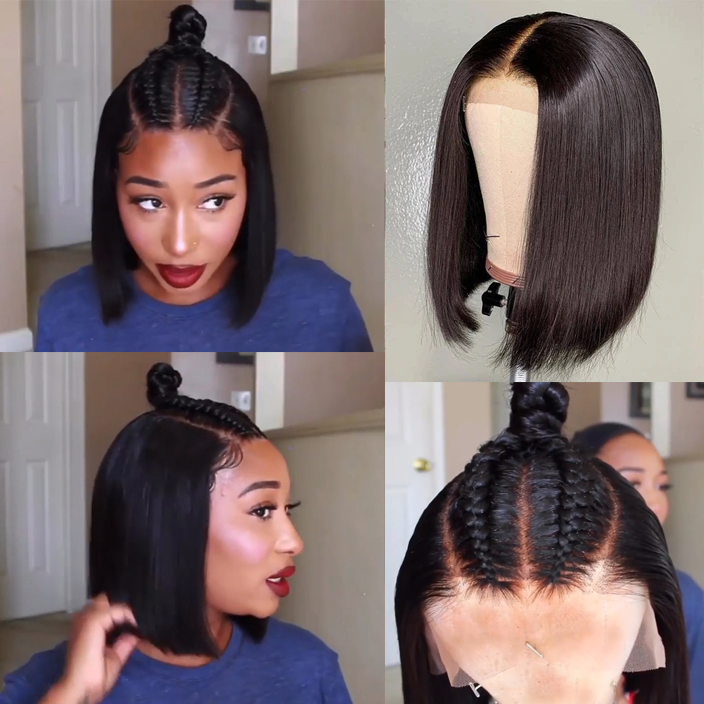 Glueless Wig With Elastic Belt|🔥Brazilian Human Hair Straight Hair 4*4 Lace Closure Bob Wigs 
