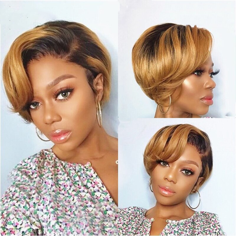 🔥Hot| Glueless Lace Front 🔥Black Mix Gold Short Wavy Bob Pixie Cut With Bangs