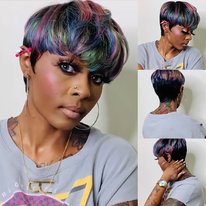 🔥Hot| Glueless New Rainbow Short Pixie Cut Bob Wig Straight Human Hair Lace Front Wigs 