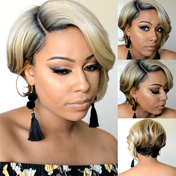 🔥Hot| New Highlight Short Curly Lace Front Wig Human Hair Ombre Pixie Cut Bob Wigs Pre Plucked With Baby Hair 