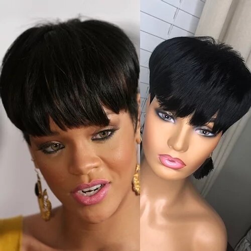 🔥Hot| Hot Sale🔥Human Hair Lace Glueless Black Short Wavy Bob Pixie Cut With Bangs