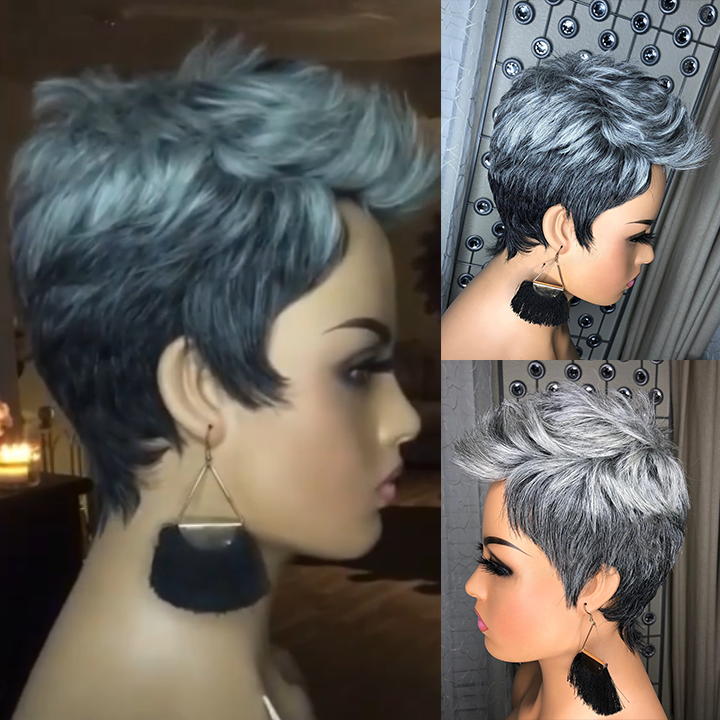 🔥Hot| Glueless Lace Frontal Short Ombre Sliver Wavy Pixie Cut Wig With Baby Hair