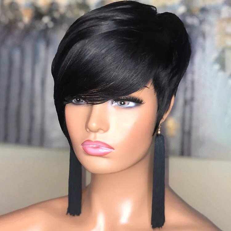 🔥Hot| Hot Sale🔥Special Style Black Short Hair Wig with Oblique Bangs Natural Cute Straight Wigs
