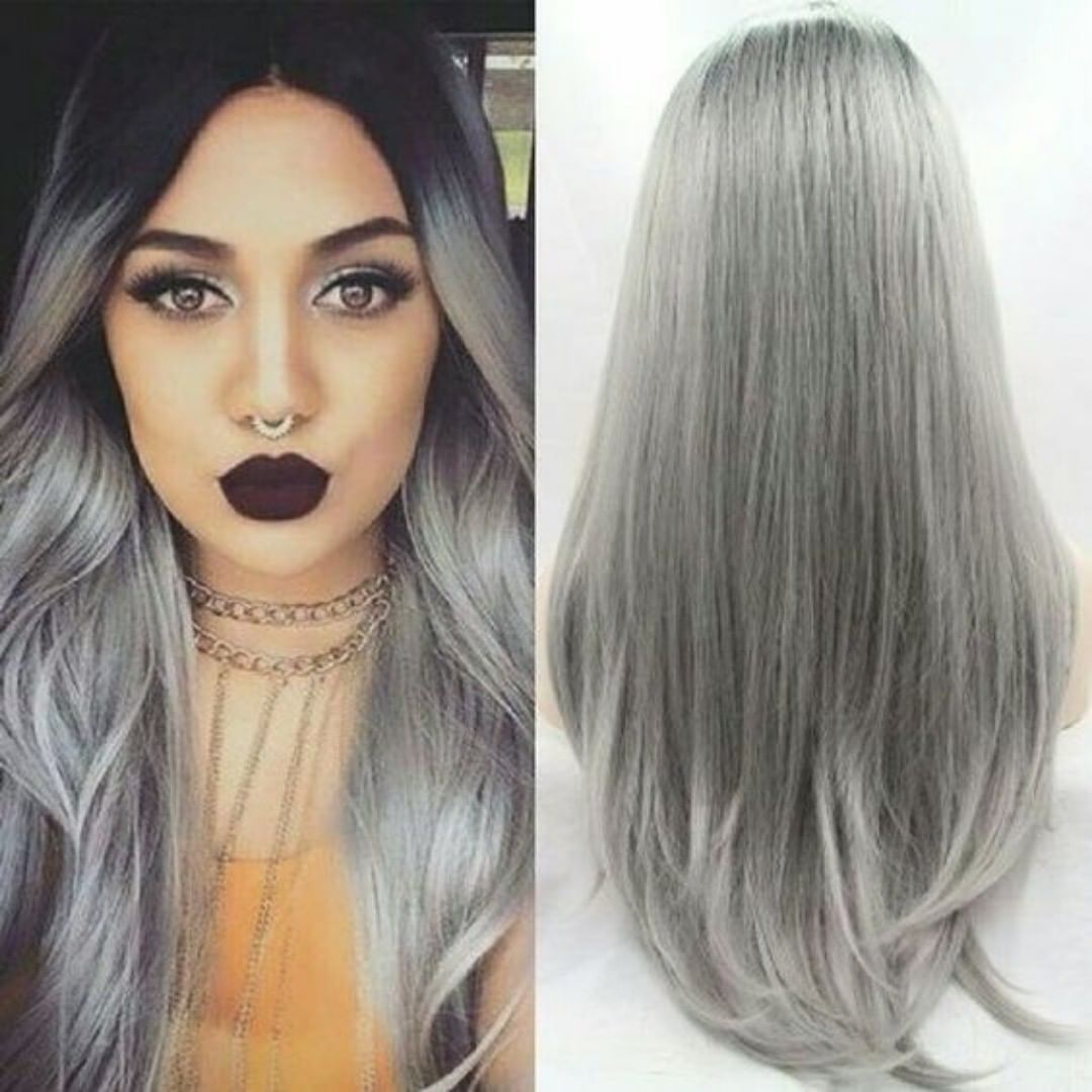 Glueless Wig With Elastic Belt|🎉Black Gradient Silver-Gray Mid-Length Long Straight Lace Front Wig