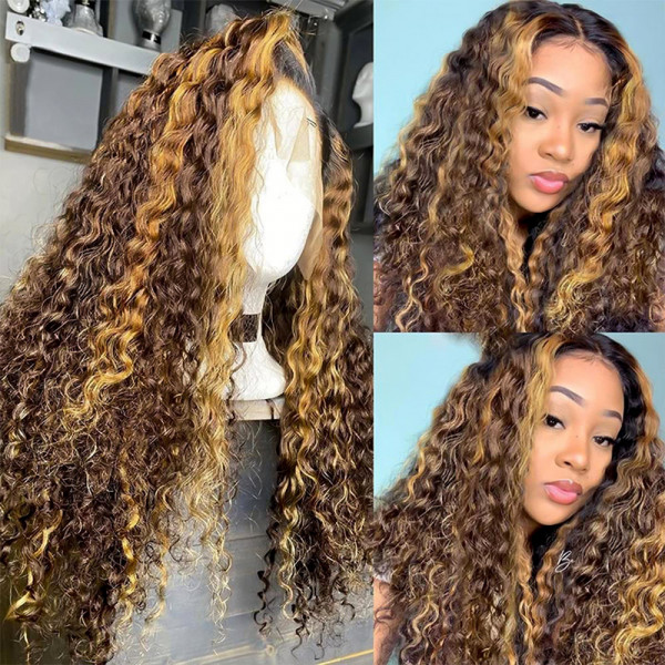 Glueless Wig With Elastic Belt| Lace Front Human Hair Wigs Highlighted Deep Wave Wig With Baby Hair Pre-plucked