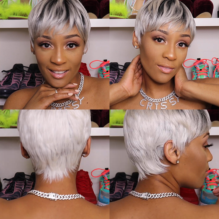🔥Hot| Ombre Root Short Pixie Cut Wig Straight Bangs Human Hair Wigs