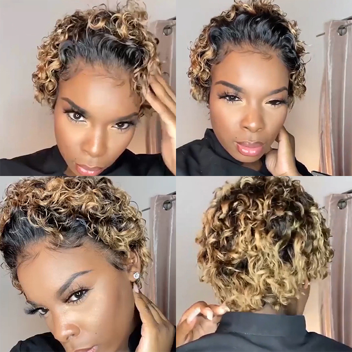 🔥Hot| Glueless Short Kinky Curly Human Hair Lace Front Natural Color Wigs