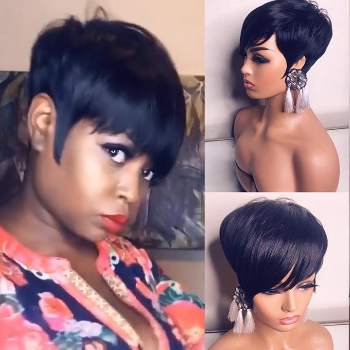 🔥Hot| Glueless Face Frontal Short Pixie Cut Straight Hair Wig Remy Human Hair Wigs With Bangs 