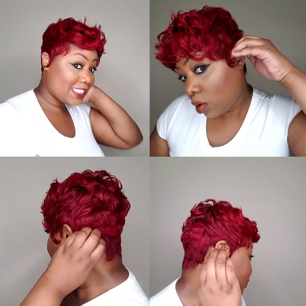 🔥Hot| Glueless Wig With Elastic Belt|🎉Lace Closure Red Wine Short Wave Bob Pixie Cut Wig